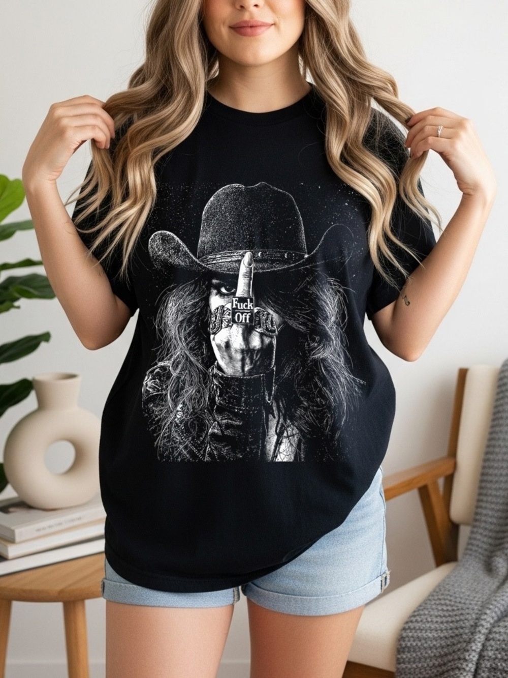 Comfort Colors Black Graphic Tee with Middle Finger Cowboy Design